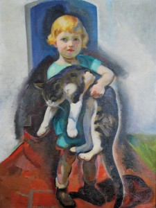 Oil painting of girl with cat by Edouard Vysekal