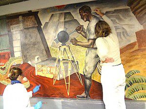 Inpainting damage on WPA mural in City Hall Cedar Rapids