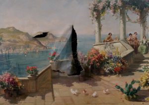 landscape painting of the Amalfi Coast with a large L-shaped tear in the middle of it