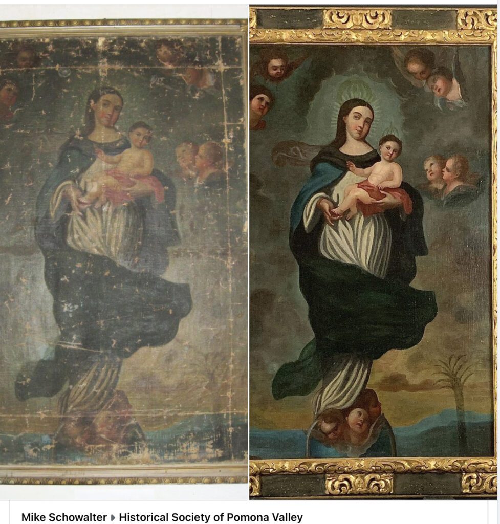 before and after pictures of the painting conservation process of a Madonna & child painting