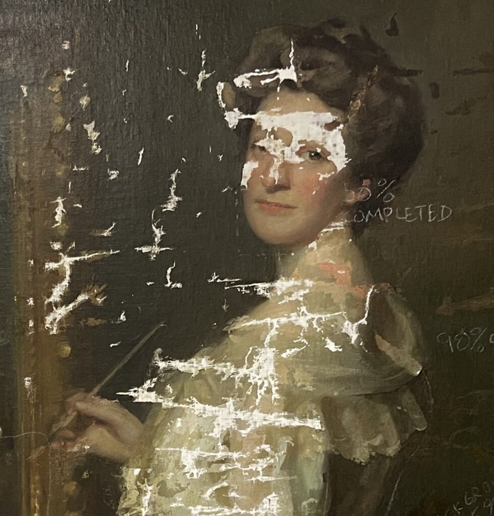 portrait of a woman in pre-Victorian dress with extensive cracking and other age-related damage.