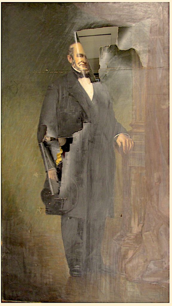 a full body portrait of a victorian-looking man with a large rip going down the center. This is a result of art shipping damage.