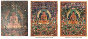 3 progress photos of the restoration of an old paper artwork depicting Buddha