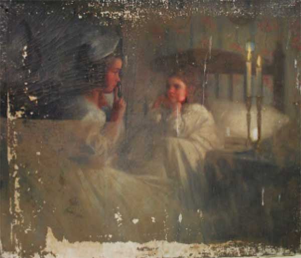 This artwork needed water-damaged painting restoration services for this beautiful piece depicting two girls in their bedroom, illuminated by the candle light.