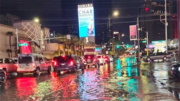 Picture of the Las Vegas strip at night, flooded.