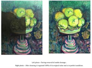 pictures of before & after a painting depicting a bowl of fruit receiving smoke-damaged art repair services.