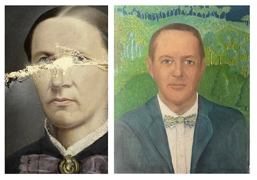 two family heirloom portraits are pictured. The one on the left depicting a Victorian woman has flaking running across the sitter's face. The portrait of a man on the right needs to be cleaned of grime and other signs of weathering.