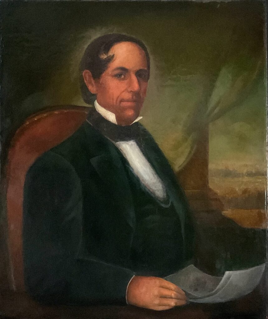 Water-damaged Manuel Dominguez portrait before restoration by Fine Art Conservation Laboratories.