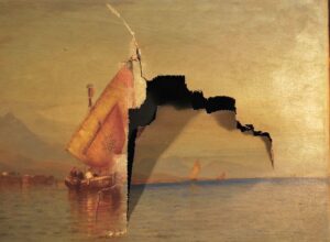 Brittle canvas ripped in shipping oil painting damage from shipping and storage — torn brittle canvas with flaking paint