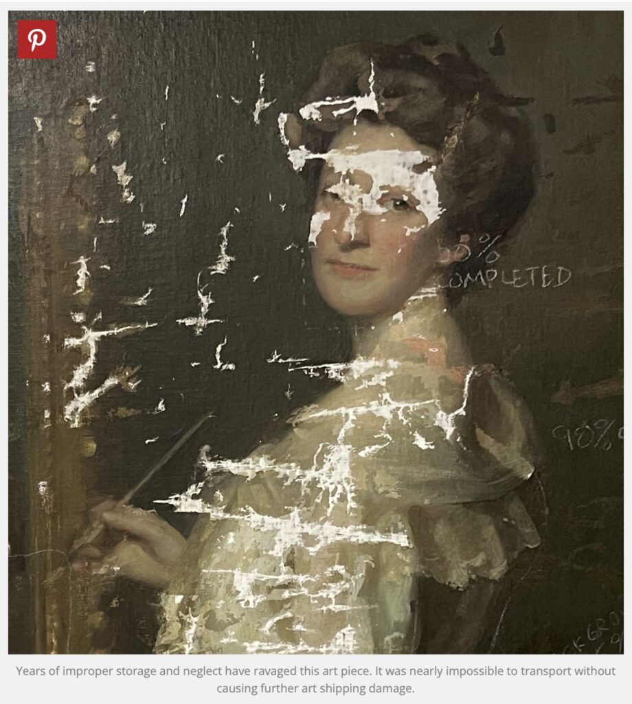 oil painting damage from shipping and storage — canvas with flaking paint after transit