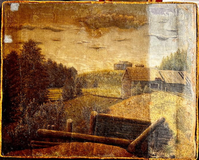 Conservator removing yellowed varnish from an antique oil painting in a professional art conservation lab https://www.FineArtConservatiobnLab.com