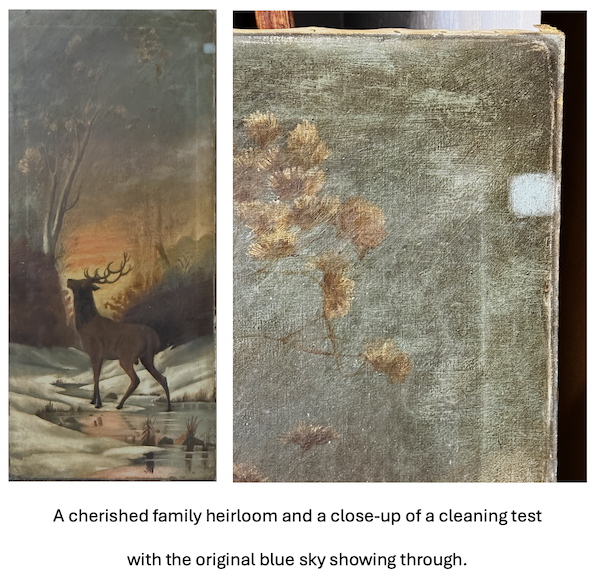 Old family heirloom oil painting with varnish and dirt that hide the real colors